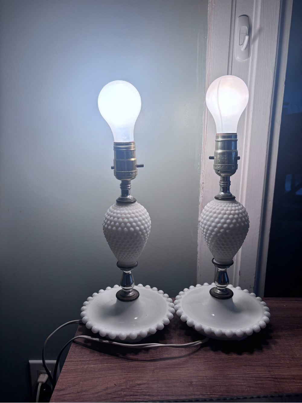 Vintage Milk Glass Hobnail Table Boudoir Lamp 12" Tall Set Of 2